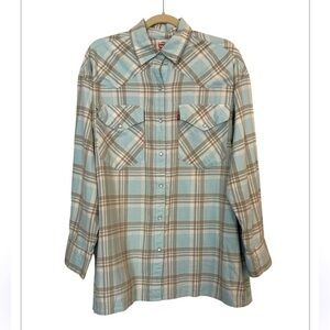 Levis Shirt Womens  Blue Plaid Flannel Western Oversized Pearl Snap Relaxed L